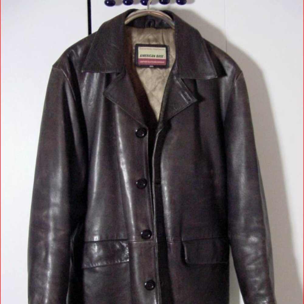 Vtg Distress Brown Leather American Base Leather Button Jacket Sz 2XL